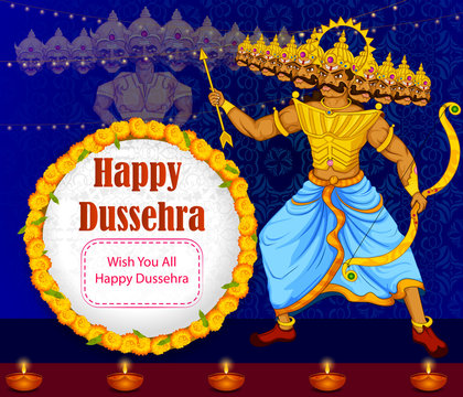 Ten headed Ravana on Happy Dussehra festival background