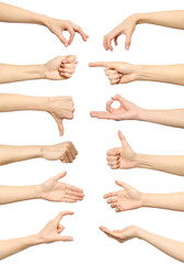 Female hand gestures and signs collection isolated