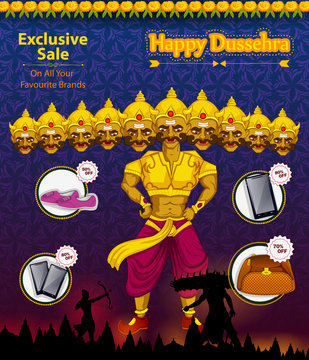 Ten headed Ravana wishing Happy Dussehra festival of India on Sale and Promotion background