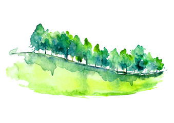 Watercolor autumn forest, silhouette of trees, bushes., Field. Country view.
Postcard, logo, card. Drawing of green trees on a yellow grass on a white isolated background.