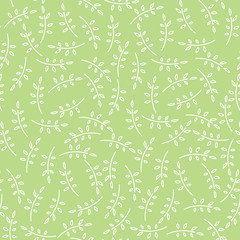 Seamless nature pattern with cute twigs in green color. Foliage background with leaves in chaotic manner. Cartoon hand draw style