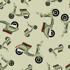 Seamless hipster pattern with retro motorcycle in green color. Modern fashionable background with vintage scooter. Cartoon hand draw style