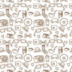 Seamless Hipster pattern in white color with retro and vintage symbols. Modern fashionable background with a brown stroke. Cartoon hand draw style