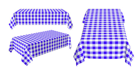 Set of rectangular tablecloth with blue checkered pattern