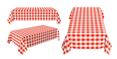 Set of rectangular tablecloth with red checkered pattern - obrazy, fototapety, plakaty