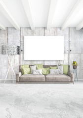Vertical modern interior bedroom or living room with eclectic wall and empty frame for copyspace drawing. 3D rendering