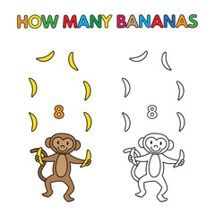 Cartoon Monkey Counting Bananas Coloring Book