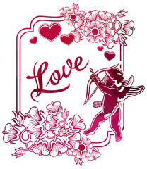 Luxurious label with silhouettes of Cupid, hearts and artistic written word "Love". Beautiful background for your greeting card. Raster clip art.