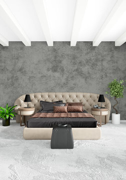 Modern loft interior bedroom or living room with eclectic wall with space. 3D rendering.