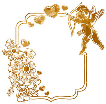 Luxurious frame with silhouettes of Cupid, hearts and flowers. Copy space. Beautiful background for your artwork. Raster clip art.