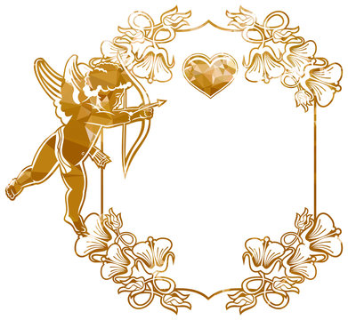 Luxurious frame with silhouettes of Cupid, hearts and flowers. Copy space. Beautiful background for your artwork. Raster clip art.