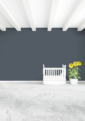 Modern loft interior baby room or nursery with eclectic wall with space. 3D rendering.