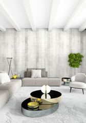 Modern loft interior bedroom or living room with eclectic wall with space. 3D rendering.