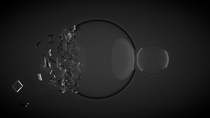 Two balls, one of them broken, with splinters. 3D render