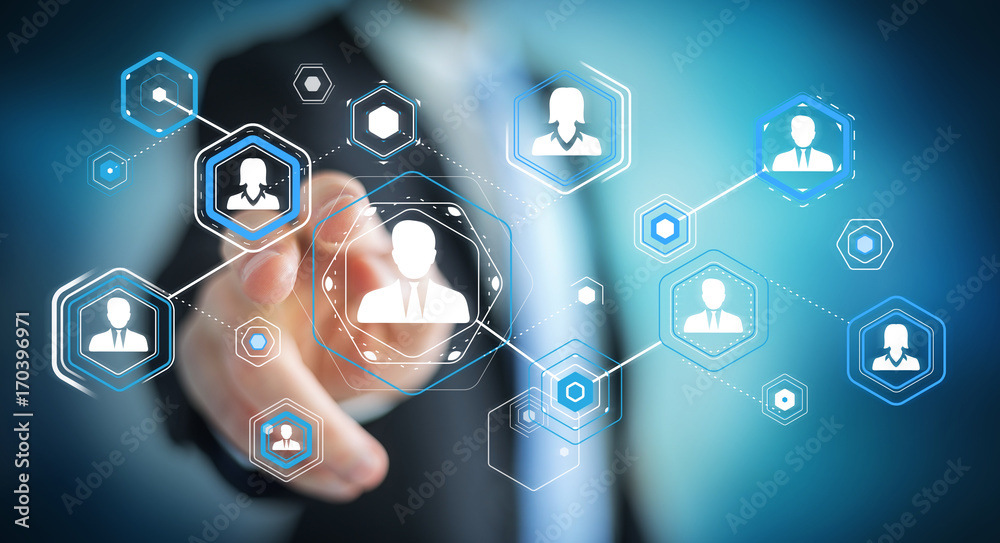 Poster businessman using digital social network 3d rendering