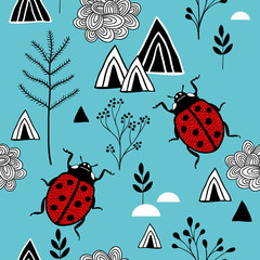 Scandinavian style pattern with red ladybugs in mountains.