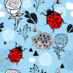 Endless pattern with red bugs and floral elements. © Eka Panova
