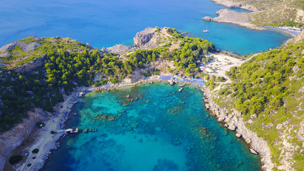 August 2017: Aerial drone photo of famous beach of Ladiko near iconic Anthony Quinn Bay, Rodos island, Aegean, Dodecanese, Greece