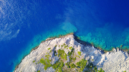 August 2017: Aerial drone photo of famous beach of Ladiko near iconic Anthony Quinn Bay, Rodos...