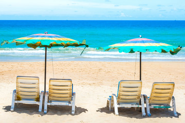 empty sandy beach with umbrellas and beach beds,Phuket,Thailand.