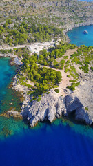 Obraz premium August 2017: Aerial drone photo of famous beach of Ladiko near iconic Anthony Quinn Bay, Rodos island, Aegean, Dodecanese, Greece