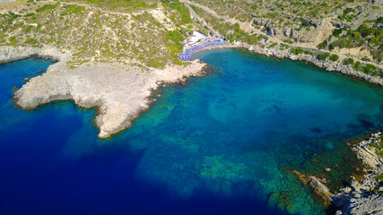 Naklejka premium August 2017: Aerial drone photo of famous beach of Ladiko near iconic Anthony Quinn Bay, Rodos island, Aegean, Dodecanese, Greece
