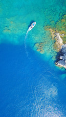 August 2017: Aerial drone photo of famous beach of Ladiko near iconic Anthony Quinn Bay, Rodos island, Aegean, Dodecanese, Greece