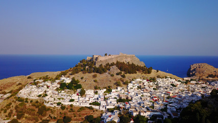 Fototapeta na wymiar Aerial drone photo of iconic ancient Acropolis - village of Lindos, Rodos island, Aegean, Dodecanese, Greece