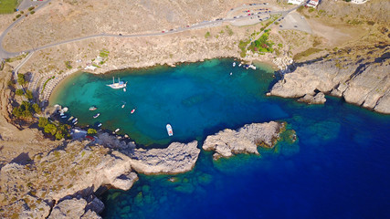  Aerial drone photo of famous St.Paul's bay with turquoise waters, Lindos, Rodos island, Aegean, Dodecanese, Greece