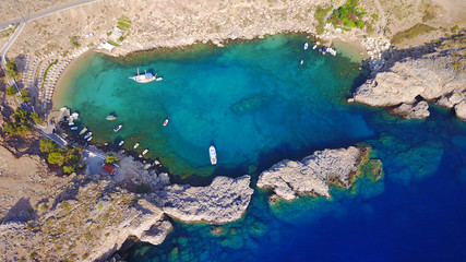  Aerial drone photo of famous St.Paul's bay with turquoise waters, Lindos, Rodos island, Aegean, Dodecanese, Greece