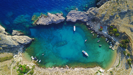  Aerial drone photo of famous St.Paul's bay with turquoise waters, Lindos, Rodos island, Aegean, Dodecanese, Greece