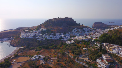 Fototapeta na wymiar Aerial drone photo of iconic ancient Acropolis and village of Lindos, Rodos island, Aegean, Dodecanese, Greece