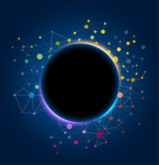  Abstract  background for text. Black hole with mesh and colored dots on dark blue backdrop. Eps10 vector