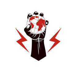 Vector illustration composed using strong muscular raised arm with lightning symbol and holding Earth globe. Authority as the means of global control and manipulation