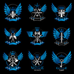 Vintage Weapon Emblems set. Heraldic Coat of Arms decorative emblems isolated vector illustrations collection.