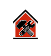 Spanner and mallet crossed, vector industrial utensil, building construction. Simple house with work tools, workshop. Home reconstruction idea, for use in web design.