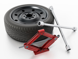 Spare tyre, jack and wheel wrench isolated on white background. 3D illustration - obrazy, fototapety, plakaty