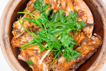 grilled mackerel(Saba) steak with teriyaki sauce and rice on white dish, popular japanese cuisine