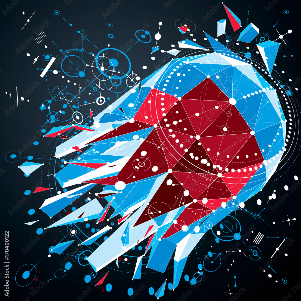 Poster 3d engineering technology vector backdrop with low poly demolished object and wireframe. colorful me
