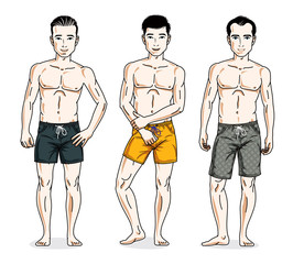 Handsome men group standing wearing beach shorts. Vector different people characters set.