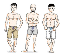 Handsome men group standing with perfect body, wearing beach shorts. Vector different people characters set.