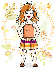 Cute little red-haired girl standing on background of autumn landscape and wearing stylish casual clothes. Vector human illustration.