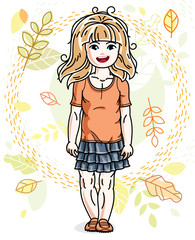 Little fair-haired girl toddler standing on background of autumn landscape and wearing fashionable casual clothes. Vector attractive kid illustration. Fashion and lifestyle theme cartoon.