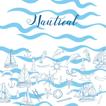 Nautical background hand drawn elements