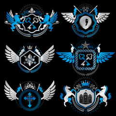 Vector classy heraldic Coat of Arms. Collection of blazons stylized in vintage design and created with graphic elements, royal crowns and flags, stars, towers, armory, religious crosses.