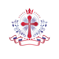 Cross of Christianity graphic emblem. Heraldic vector design element. Retro style label, heraldry logo, religious insignia decorated with luxury ribbon and monarch crown.