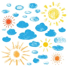 Muurstickers Wolken Hand getekende zon en wolken. Vectorillustratie op witte achtergrond.