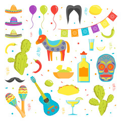 Cartoon Symbol of Mexico Color Icons Set. Vector