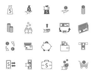 Symbol of Money Finance Currency Black Icons Set. Vector