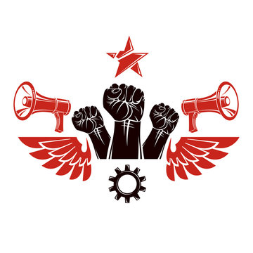 Vector leaflet created using clenched fists raised up, megaphone equipment and engineering cog wheel element. Dictatorship and manipulation theme, totalitarianism as the evil power.
